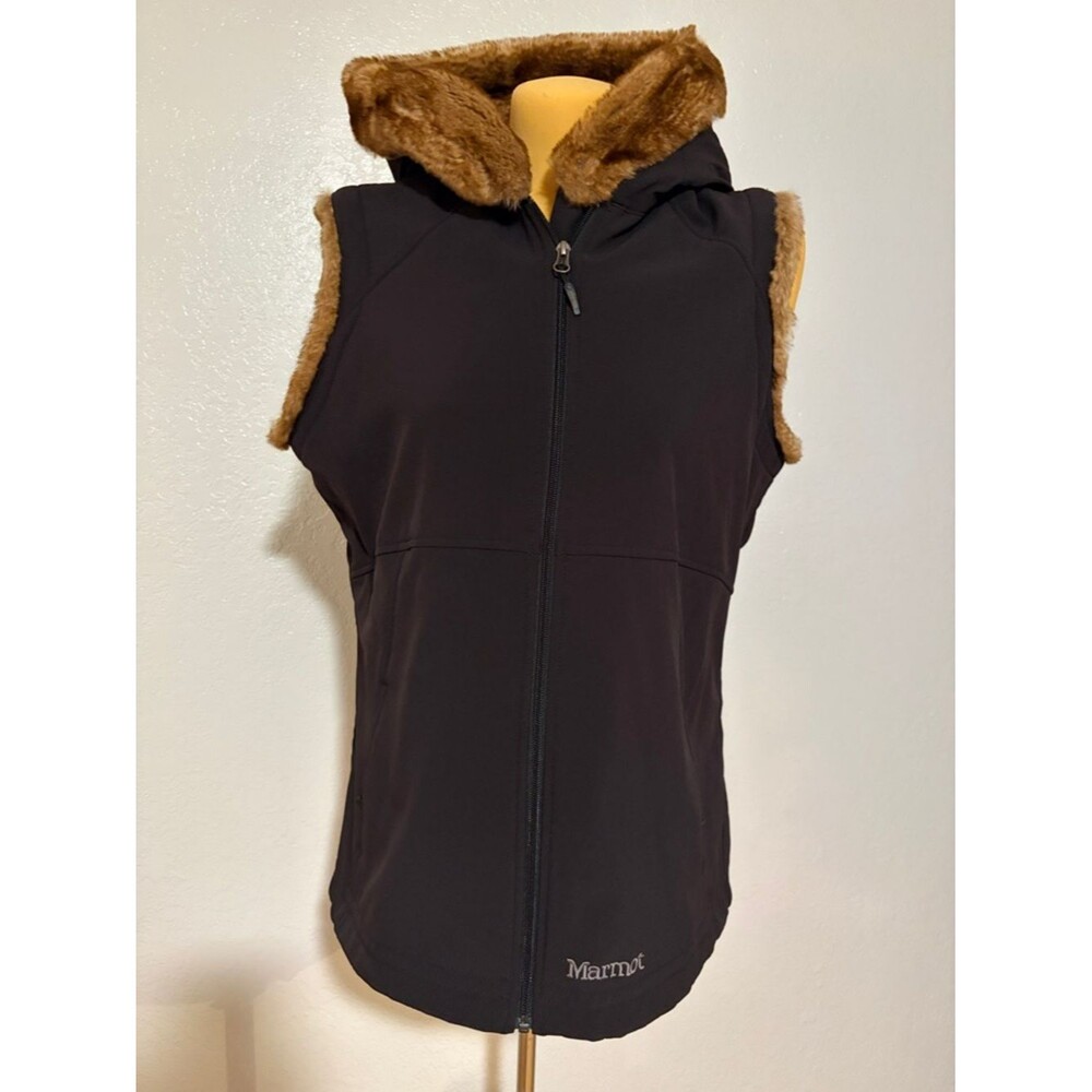 Marmot Black Hooded Vest with Brown Faux-Fur Trim XL Softshell Women's
